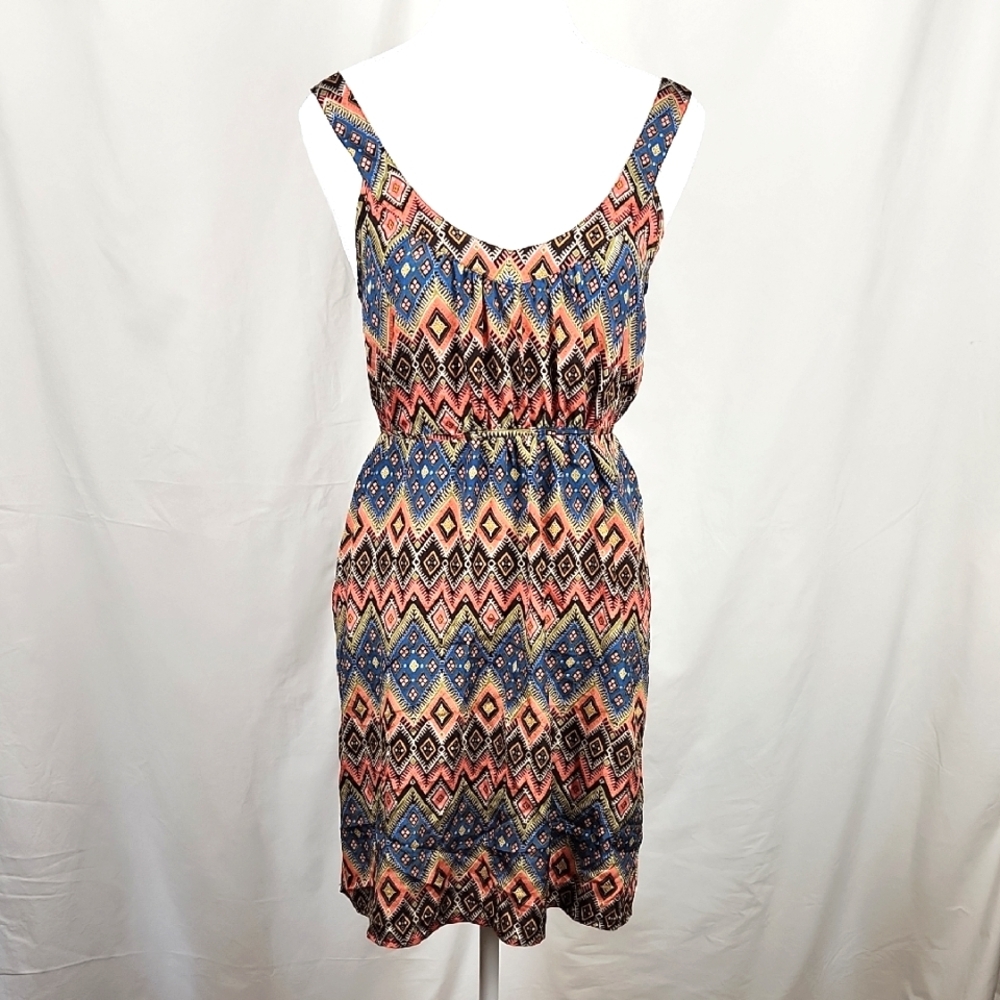 Geometric Aztec Sundress Mini Boho Coastal Whimsygoth Lightweight Blue Pink Sm